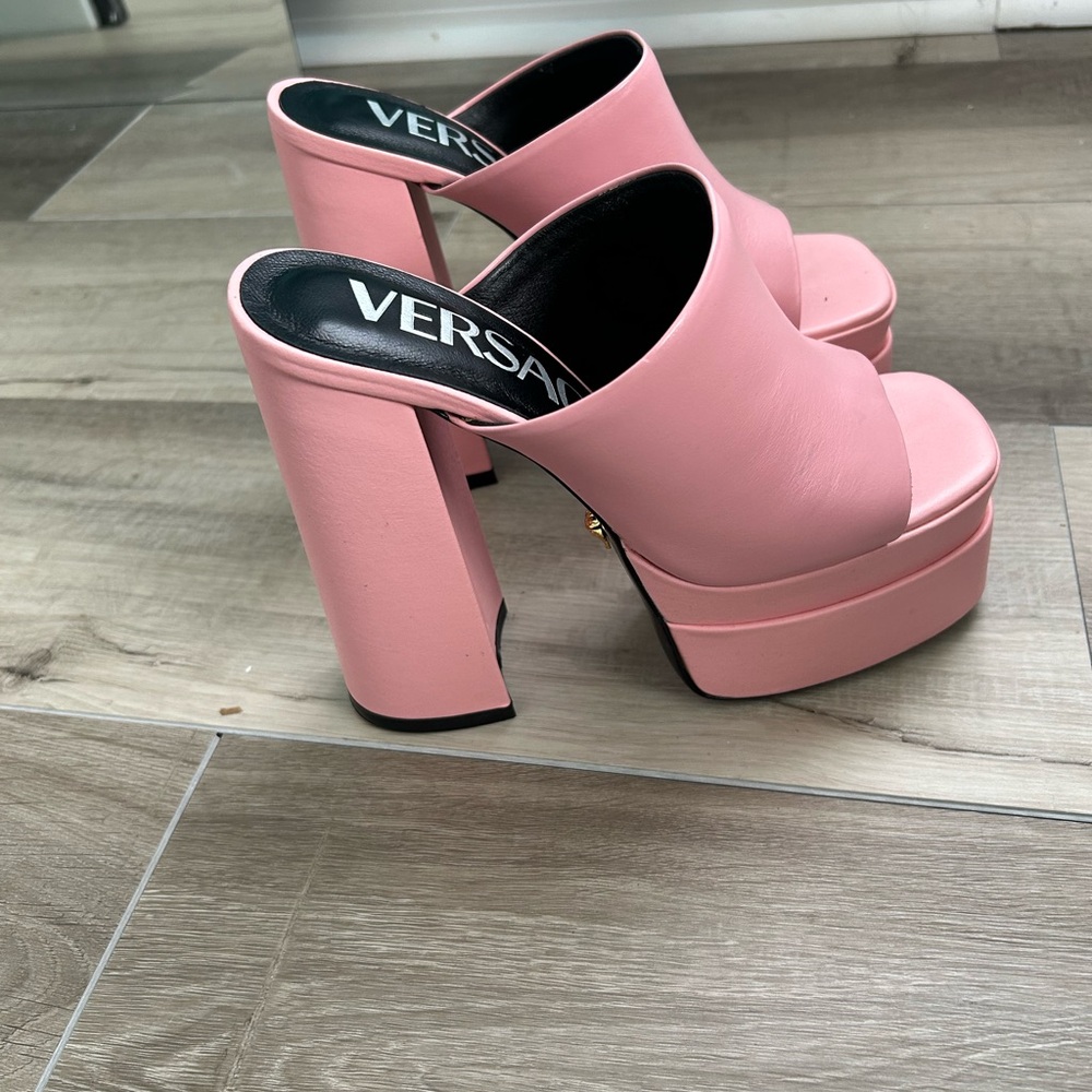 Versace Pink Leather Platform Mule Heels